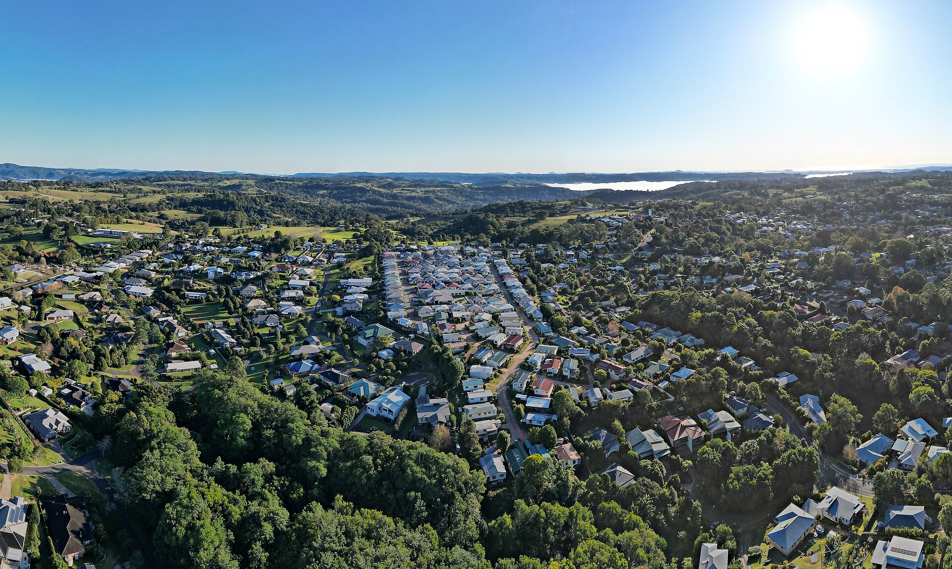 Aerial view of Maleny township with Lake Baroon in the distance